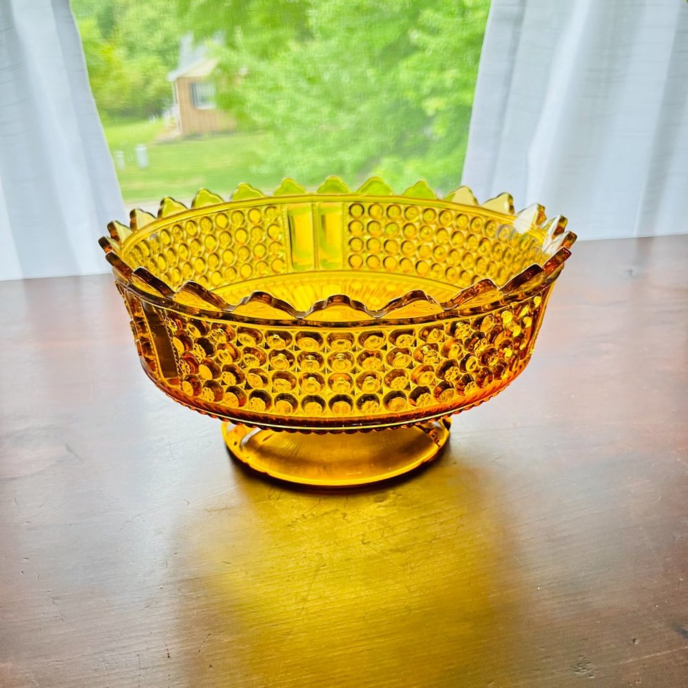 Antique Victorian 1880’s Pressed Glass Amber Three Panel Scalloped Serving Bowl - Picture 2 of 4